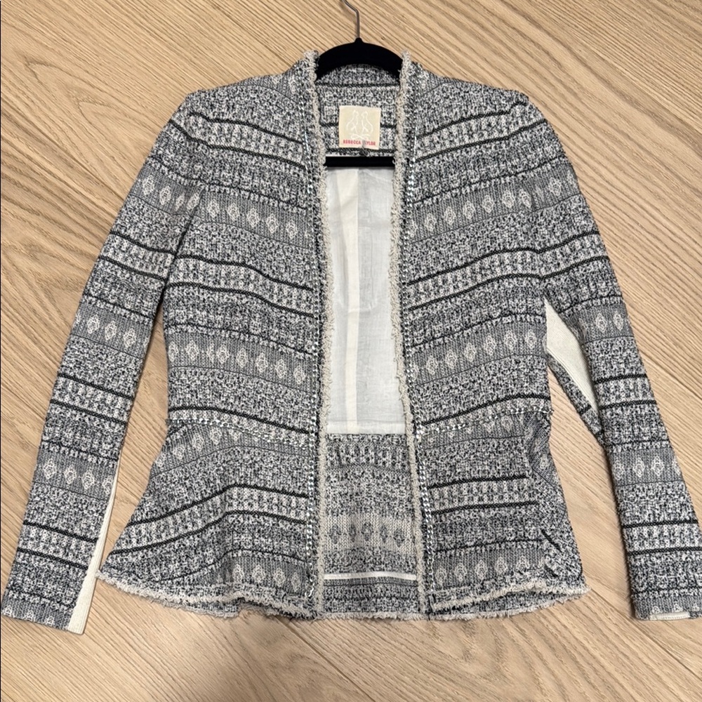 Patterned Open Front Peplum Hem Blazer with silver Chain Detailing on Trim